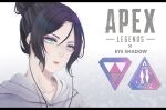  1girl alternate_costume apex_legends aqua_eyes bangs black_hair character_name collarbone copyright_name earbuds earphones eyeshadow grey_hoodie hair_bun head_tilt highres hood hoodie looking_at_viewer makeup mirein_(chat) open_mouth purple_eyeshadow solo upper_body wraith_(apex_legends) 