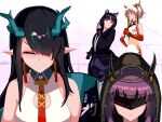  4girls animal_ears arknights blush china_dress chinese_clothes demon_girl demon_horns dog_ears dog_girl dragon_horns dress dusk_(arknights) eye_mask fan folding_fan hood horns lava_(arknights) lava_sheny multiple_girls nian_(arknights) nian_(unfettered_freedom)_(arknights) pointy_ears purgatory_(arknights) saga_(arknights) siblings sisters 