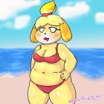  1:1 animal_crossing anthro beach belly belly_squeeze big_breasts bikini blush bodily_fluids breasts canid canine canis cleavage clothed clothing domestic_dog drooling female front_view fur grabbing_belly hair hand_on_stomach hi_res isabelle_(animal_crossing) looking_at_viewer mammal morapandita nintendo open_mouth open_smile outside saliva seaside shih_tzu slightly_chubby smile solo standing swimwear thick_thighs toy_dog video_games water white_eyes wide_hips yellow_body yellow_fur 