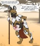  african_wild_dog anthro breasts canid canine dialogue english_text female geckoguy123456789 hi_res mammal melee_weapon plant polearm pregnant solo spear spottedchai text tree unseen_character weapon 