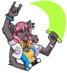  alpha_channel anthro belt better_version_at_source clothed clothing domestic_cat ear_piercing eyewear felid feline felis female foxsnacks fur glasses glowstick grey_body grey_fur hair mammal open_mouth piercing pink_eyes pink_hair purple_hair rotteen smile solo teeth tongue tongue_out 