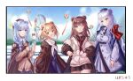  4girls absurdres amusement_park animal_ears arknights bear_ears bear_girl blonde_hair blue_hair brown_hair cellphone ferris_wheel gummy_(arknights) hat height_difference highres istina_(arknights) jacket kite leto_(arknights) multiple_girls phone pleated_skirt rosa_(arknights) school_uniform serafuku skirt white_hair woodsbench zima_(arknights) 