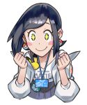  1girl badge black_eyes black_hair blue_skirt blush_stickers body_blush button_badge character_badge clenched_hands clothes_writing collarbone copyright_name earrings gen_1_pokemon gen_2_pokemon hair_behind_ear id_card jacket jewelry kana_(pokemon) off_shoulder official_art open_clothes open_jacket pikachu poke_ball_earrings poke_ball_print poke_ball_symbol poke_ball_theme pokemon pokemon_(game) pokemon_masters_ex porygon2 shiny shiny_hair shirt skirt smile solo sparkling_eyes star_(symbol) star_print suspender_skirt suspenders upper_body white_background white_jacket white_shirt zipper_pull_tab 