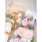  2girls ahoge artist_request blonde_hair blush breasts cleavage closed_eyes collarbone eyebrows_visible_through_hair food hair_ornament hair_scrunchie indoors large_breasts long_hair looking_at_another multiple_girls official_art pocky pocky_kiss purple_eyes scrunchie senki_zesshou_symphogear senki_zesshou_symphogear_xd_unlimited shiny shiny_hair short_hair silver_hair small_breasts tachibana_hibiki_(symphogear) yukine_chris yuri 