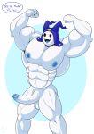  2021 abs absurd_res atlus balls big_muscles blue_clothing blue_glans blue_hat blue_headwear blue_nipples blue_tongue clothing demon demon_humanoid dialogue english_text erection fangs fist flexing foreskin front_view genitals glans hat headgear headwear hi_res huge_muscles humanoid humanoid_genitalia humanoid_penis imp jack_frost_(megami_tensei) light_theme male megami_tensei mostly_nude muscular muscular_humanoid muscular_male nipples noseless open_mouth partially_retracted_foreskin pecs penis profanity raised_arms simple_background standing teeth text the_purple_wolf_guy tongue vein veiny_penis video_games white_background white_balls white_body white_penis 