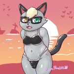  1:1 animal_crossing anthro beach bikini blonde_hair bulge clothed clothing domestic_cat eyewear felid feline felis front_view fur genital_outline girly glasses grey_body grey_fur hair hands_behind_back heterochromia hi_res looking_at_viewer male mammal morapandita nintendo open_mouth open_smile outside penis_outline raymond_(animal_crossing) seaside smile solo standing sun sunset swimwear teeth thick_thighs tongue video_games water wide_hips 