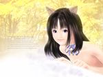  animal_ears bell brown_eyes brown_hair cat_ears catgirl clothed clothing english_text female hair half-dressed long_hair looking_at_viewer naked nude outside ribbons smile solo text topless tree unknown_artist wallpaper warm_colors yellow_theme 