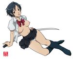  black_hair blood+ breasts katana legs lips open_clothes open_shirt otonashi_saya panties pantyshot red_eyes school_uniform shirt short_hair solo sonobe_kazuaki sword underwear weapon 