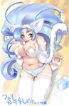  ahoge animal_ears blue_hair blush breasts capcom cat_ears catgirl curvy darkstalkers felicia game gloves green_eyes kemonono kemonono_(inchiki_dou) licking long_hair milk nekomimi panties plump striped striped_panties thighhighs tongue underwear vampire_(game) vampire_savior 