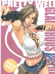  armband armpits artbook belt belt_pouch black_shorts blue_eyes breasts brown_hair capelet cleavage covered_nipples crop_top dual_wielding final_fantasy final_fantasy_x final_fantasy_x-2 gangsta_hold gun hair_ornament halterneck handgun holding lace large_breasts long_hair midriff momoi_nanabei no_bra non-web_source one_eye_closed pistol ponytail pouch scan short_hair short_shorts shorts smile solo tattoo very_long_hair weapon yuna_(ff10) 
