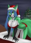  aventis aventis_vixxx big_breasts bikini blue_hair breasts brown_eyes canine chimney christmas clothing eyeshadow female fox fur gloves green_fur hair hat holidays jewelry makeup mammal necklace pentagram solo swimsuit thong underwear winter 