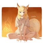  2020 animal_humanoid arknights barefoot blonde_hair blue_eyes clothed clothing crossed_legs feet female fingers fluffy fluffy_tail fur hair hi_res humanoid hypergryph inner_ear_fluff jiojio looking_at_viewer mammal mammal_humanoid shirt sitting smile solo studio_montagne toes topwear tuft video_games whislash_(arknights) 