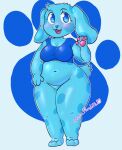  anthro big_breasts blue&#039;s_clues blue_(blue&#039;s_clues) blue_body blue_eyes blue_fur blush bottomless breasts canid canine canis cleavage clothed clothing convenient_censorship domestic_dog female footprint front_view fur gesture hand_on_leg hi_res looking_at_viewer mammal morapandita nickelodeon open_mouth open_smile partially_clothed pawpads pawprint paws simple_background slightly_chubby smile solo spots standing thick_thighs tongue waving white_background wide_hips 