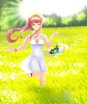  1girl :d absurdres bangs bare_shoulders basket black_ribbon bow bracelet breasts brown_hair cleavage closed_eyes doki_doki_literature_club dress eyebrows_behind_hair feet field flower flower_basket flower_field flower_necklace flower_wreath full_body grass grin hair_bow happy happy_tears highres holding holding_basket jewelry leg_up legs light_rays littlewing1st long_hair medium_breasts monika_(doki_doki_literature_club) neck_ribbon necklace open_hand open_mouth outdoors ribbon running sandals shiny shiny_hair sidelocks sky sleeveless smile solo standing sunlight tears teeth tree white_bow white_dress white_flower white_headwear yellow_flower 
