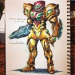  1girl absurdres arm_cannon artist_name dated english_commentary highres looking_ahead mecha-zone metroid notebook open_hand photo_(medium) redesign samus_aran science_fiction solo varia_suit visor weapon 