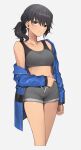  1girl black_eyes black_hair blue_jacket blush bra breasts collarbone cropped_legs drawstring grey_bra grey_footwear jacket off_shoulder original shorts side_ponytail small_breasts smile solo sports_bra sweat tan3charge underwear white_background 