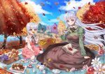  2girls absurdres alternate_costume autumn autumn_leaves azur_lane belfast_(azur_lane) blue_sky book braid bread breasts brown_dress bud_(znehgneh2) bug butterfly butterfly_on_nose cloud cup dress eyebrows_visible_through_hair flower food highres huge_filesize insect juliet_sleeves large_breasts leaf little_bel_(azur_lane) long_hair long_sleeves looking_at_viewer maple_leaf multiple_girls open_book outdoors picnic picnic_basket pink_dress pink_flower puffy_sleeves purple_eyes purple_hair red_flower shirt sky tea teacup teapot tree white_shirt 