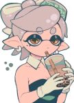  +_+ 1girl absurdres bare_shoulders brown_eyes bubble_tea detached_collar domino_mask drinking eyebrows_visible_through_hair gloves grey_hair highres looking_at_viewer marie_(splatoon) mask pointy_ears short_hair simple_background solo splatoon_(series) splatoon_1 svv_art white_background white_gloves 