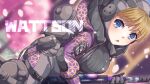  1girl :o apex_legends bangs blonde_hair blue_eyes blush bodysuit breasts cable character_name eyebrows_visible_through_hair grey_bodysuit grey_headwear gun highres holding holding_gun holding_weapon hood medium_breasts open_mouth ribbed_bodysuit rifle ruka_(ponruka) sentinel_esr signature sniper_rifle solo wattson_(apex_legends) weapon white_bodysuit 