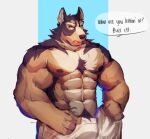  abs after_shower annoyed anthro biceps canid canine canis clothing domestic_dog fur german_shepherd herding_dog hi_res looking_at_viewer male mammal muscular muscular_anthro muscular_male nipples o_reowoof pastoral_dog pecs solo towel wet 