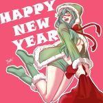  1girl :d alternate_costume alternate_hairstyle artist_name bleach boots breasts cloak facial_mark fur-trimmed_boots fur-trimmed_cloak fur_trim green_cloak green_footwear green_hair green_shorts grey_eyes happy_new_year highres holding holding_sack hood hooded_cloak large_breasts long_hair nelliel_tu_odelschwanck new_year open_mouth pink_background sack shorts skull_on_head smile solo tsukizawr underboob very_long_hair 