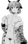  1girl :q arm_at_side blush breasts coat collarbone cowboy_shot eurasian_eagle_owl_(kemono_friends) eyebrows_visible_through_hair female_pubic_hair fur-trimmed_sleeves fur_trim greyscale groin hair_between_eyes hand_up heart heart-shaped_pupils highres kemono_friends large_breasts licking_lips light_smile long_sleeves looking_at_viewer monochrome navel nipples no_bra no_panties open_clothes open_coat owl_ears pubic_hair short_hair sitting sleeves_past_wrists solo stomach suicchonsuisui symbol-shaped_pupils tongue tongue_out undressing white_background 