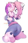  1girl alternate_breast_size aqua_eyes artist_name boku_no_hero_academia breasts closed_mouth clothing_cutout clothing_request commentary cosplay darling_in_the_franxx english_commentary english_text headgear horns hot_vr kneeling large_breasts long_hair looking_at_viewer patreon_username pink_hair pixiv_username ponytail red_horns simple_background solo tagme tongue tongue_out two-tone_leotard uraraka_ochako v white_background zero_two_(darling_in_the_franxx) 