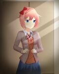  1girl :t absurdres blazer blue_eyes blue_skirt blush bow breasts buttons closet cowboy_shot doki_doki_literature_club eyebrows_visible_through_hair frown grey_jacket hair_bow highres indoors jacket light_rays littlewing1st long_sleeves looking_ahead medium_breasts neck_ribbon open_clothes open_jacket orange_vest pink_hair pleated_skirt pout red_bow red_ribbon ribbon sayori_(doki_doki_literature_club) school_uniform short_hair skirt solo standing sunlight vest wing_collar 