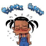  1girl arung_samudra_(cessa) black_hair blue_overalls blush breasts cessa cleavage closed_eyes dark_skin dark_skinned_female english_commentary glasses lowres ombok_diving_and_delivery_services short_hair sneezing solo white_background 