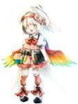 1girl :d absurdres beaker belt black_hair blush book bow coattails collar facing_viewer feathered_wings feathers frilled_collar frills hat highres hollow_song_of_birds kneehighs looking_at_viewer multicolored_hair open_mouth pink_shorts rainbow_wings red_bow red_legwear red_lining short_sleeves shorts simple_background smile solo streaked_hair torisumi_horou touhou two-tone_hair user_ctfd5387 white_background white_footwear white_hair white_sleeves wings yellow_eyes 