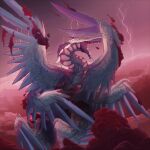  cloud creature dragon fangs fantasy fire_emblem fire_emblem_awakening flying grima_(fire_emblem) harerious highres horns lightning looking_to_the_side open_mouth painting red_clouds red_sky scales sky teeth wings 