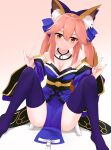  1girl absurdres animal_ear_fluff animal_ears bare_shoulders blue_kimono blue_legwear blue_ribbon blush breasts cleavage detached_sleeves double_fox_shadow_puppet eyebrows_visible_through_hair fang fate/extella fate/extra fate/grand_order fate_(series) fox_ears fox_girl fox_shadow_puppet fox_tail gradient gradient_background hair_ribbon highres japanese_clothes kimono large_breasts looking_at_viewer pink_hair ribbon s1145 skin_fang solo spread_legs tail tamamo_(fate)_(all) tamamo_no_mae_(fate) yellow_eyes 