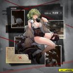  1girl asymmetrical_pants black_footwear black_gloves black_pants blush breasts cleavage coat coat_on_shoulders commentary_request copyright_name double_bun eyebrows_visible_through_hair girls_frontline gloves green_hair grey_coat hair_ornament hand_in_hair headphones headphones_around_neck highres large_breasts looking_away magal_(girls_frontline) medium_hair obiwan official_art open_clothes open_mouth open_shirt pants shirt sitting solo thighs torn_clothes torn_pants white_shirt yellow_eyes 