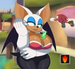  absurd_res anthro between_breasts big_breasts breasts chiropteran clothing duo echidna female gem hi_res knuckles_the_echidna male mammal membrane_(anatomy) membranous_wings monotreme rouge_the_bat sonic_the_hedgehog_(series) sssonic2 teal_eyes thick_thighs wide_hips wings 