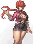  1girl :&gt; absurdres belly_chain breasts covered_eyes cropped_jacket cross-laced_clothes dress fur-trimmed_jacket fur_trim hair_over_eyes highres hip_vent jacket jewelry kelvin_hiu large_breasts no_bra plunging_neckline red_hair shermie_(kof) short_dress side_slit solo split_ponytail the_king_of_fighters the_king_of_fighters_xv thick_thighs thighs toned white_background 