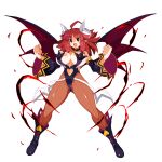  1girl ahoge bangs black_flower boots breasts choker clenched_hands clothing_cutout demon_girl demon_horns demon_wings detached_sleeves disgaea disgaea_rpg fang flower full_body heart_cutout highres horns large_breasts legs_apart leotard maou_prier medium_hair mole mole_under_eye navel_cutout nude official_art open_mouth pantyhose photoshop_(medium) pointy_ears prier red_eyes red_hair solo transparent_background v-shaped_eyebrows w_arms wide_sleeves wings 