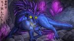  aggressive angry blue_body blue_scales breath cave crystal dew_dragon drake_(disambiguation) feathers feral glowing glowing_eyes hi_res japanese_text kanji male pink_body pink_feathers purple_body purple_feathers rock_drake scales solo text 