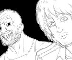  2boys bald_spot bb_(baalbuddy) black_background black_eyes constricted_pupils coomer evil_grin evil_smile facial_hair goatee greyscale grin highres looking_at_another male_focus monochrome multiple_boys original smile stubble tank_top wojak you_gonna_get_raped 