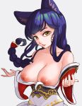  1girl ahri animal_ears bare_shoulders breasts breasts_outside collarbone detached_sleeves facial_mark fox_ears inu_(100158312) korean_clothes kumiho large_breasts league_of_legends long_hair looking_at_viewer nail_polish nipples simple_background solo very_long_hair whisker_markings white_background yellow_eyes 