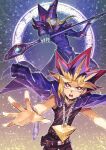  2boys belt blonde_hair bright_pupils chain_necklace collar commentary_request dark_magician fushitasu jacket jacket_on_shoulders looking_at_viewer male_focus millennium_puzzle multiple_boys open_mouth outline pants purple_eyes purple_hair repost_notice shirt spiked_hair spread_fingers teeth tongue watermark white_pupils yami_yuugi yu-gi-oh! yu-gi-oh!_duel_monsters 