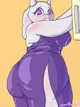  3:4 anthro big_breasts big_butt blush boss_monster bovid breasts butt butt_pose cabinet caprine clothed clothing female fur hi_res horn looking_at_viewer mammal mature_anthro mature_female morapandita orange_background pose purple_eyes rear_view side_view simple_background slightly_chubby smile solo standing thick_thighs toriel undertale video_games white_body white_fur wide_hips 