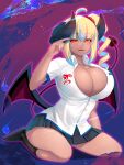  1girl :q blonde_hair breasts character_request copyright_request dark_skin dark_skinned_female demon_girl demon_horns demon_tail demon_wings highres horns kneehighs monster_girl no_shoes red_eyes seiza shiki_(psychedelic_g2) sitting tail tongue tongue_out virtual_youtuber wings 