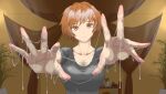  1girl black_shirt brown_eyes brown_hair character_request expressionless eyebrows_visible_through_hair fingernails head_tilt indoors looking_ahead looking_at_viewer lotion open_hands outstretched_arms shirt short_hair short_sleeves solo standing 