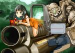  1girl absurdres aqua_eyes aqua_scarf bangs black_hair blunt_bangs blunt_ends breasts caution chips cleavage commentary_request day doritos english_text eyebrows_visible_through_hair food forest grenade_launcher headset high_heels highres holding holding_food holding_weapon iozb looking_ahead looking_away mecha nature on_mecha orange_skirt original outdoors pencil_skirt product_placement red_bag reflection robot scarf science_fiction shadow size_difference skirt strap_slip sunlight tree weapon 