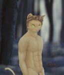  abs absurd_res anthro domestic_cat endoereanart exposition felid feline felis forest genitals hi_res male mammal muscular night nude nudism outside penis plant presenting solo solo_focus stare teasing tree 