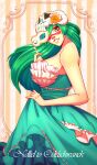 1girl absurdres aqua_dress bleach breasts character_name dress facial_mark green_hair grey_eyes hair_over_one_eye highres holding holding_mask large_breasts long_hair looking_at_viewer looking_to_the_side mask nelliel_tu_odelschwanck skull_on_head sleeveless sleeveless_dress smile solo strapless strapless_dress tsukizawr very_long_hair 