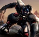  1boy beast_wars glowing glowing_eyes highres kneeling kozsen_810290 looking_at_viewer maximal mecha no_humans one_knee open_hand optimus_primal red_eyes science_fiction solo transformers 