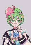  1girl alternate_costume artist_name bandaid bandaid_on_hand bandaid_on_nose bangs bow drinking_straw ear_piercing earrings foo_fighters green_eyes green_hair grey_background hair_bow hair_ornament hairclip hands_up jewelry jojo_no_kimyou_na_bouken kissyun long_sleeves milk_carton octopus off_shoulder piercing purple_nails ring short_hair simple_background solo stone_ocean upper_body yellow_bow 