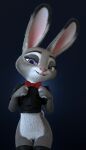  2021 3d_(artwork) 4:7 anthro blue_background bow_tie claws clothing digital_media_(artwork) disney eyebrows eyelashes featureless_crotch female fingers fur grey_body grey_fur half-closed_eyes hi_res holding_object judy_hopps lagomorph legwear leporid long_ears looking_at_viewer mammal melo mostly_nude multicolored_body multicolored_ears multicolored_fur narrowed_eyes pink_nose purple_eyes rabbit short_tail simple_background smile solo teeth tights topwear white_body white_fur zootopia 
