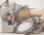  1girl animal_ears breast_rest breasts collared_shirt dress exercise from_side gloves grey_hair grey_horns half-closed_eye highres horns huge_breasts kemono_friends light_blush light_smile long_hair looking_at_viewer ox_ears ox_horns push-ups shibori_kasu shirt solo training upper_body wing_collar yak_(kemono_friends) yellow_shirt 